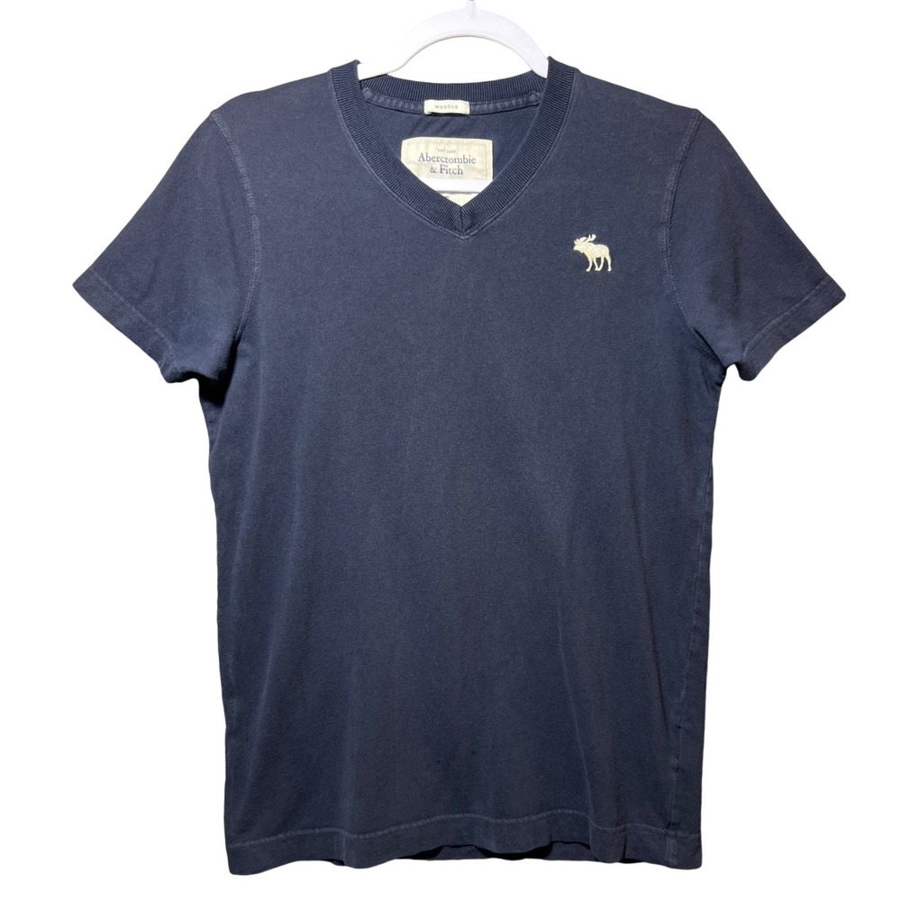 Vintage Y2K Abercrombie & Fitch Blue Muscle Fit V-Neck T-Shirt Small Moose Logo